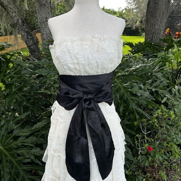 Vintage Ruffled Lace Formal Prom Dress Black Bow Tiered Prairie 3/4 Cottagecore - Picture 2 of 12